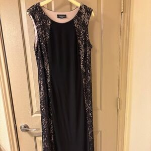 Floor Length Black Maxi Dress with Lace Covered Beige Inlays